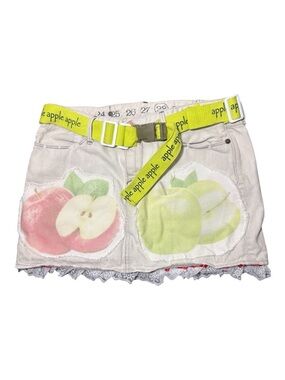 EARNEST SEWN Graphic Apple Patch Denim Mini Skirt with Yellow Belt